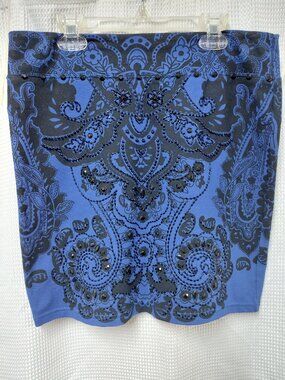 Basil & Maude Y2K Boho Embellished Paisley Mini Skirt Blue Black Beaded Size S